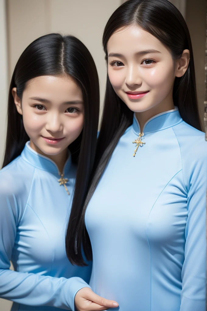 Highest quality、Blue ultra-thin, ultra-fitting, ultra-tight Ao Dai、Beautiful girl、、Keep your eyes down、Upper body、Black-haired、Ultra-detailed skin、Moisturized Skin、A shy smile、Details: Ultra-realistic sheer nipples and clearly visible areola