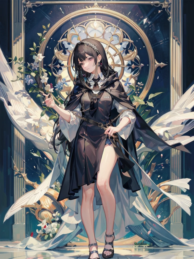 absurdres, RAW photo, extremely delicate and beautiful, masterpiece, Best Quality, ultra high resolution, 32k, hyperrealistic, ultra-detailed, delicate facial features, beautiful detailed woman, tearful mole, earring, medium breasts, full body shot, medium hair, black hair, hogwarts teacher, curious, necktie, cloak,