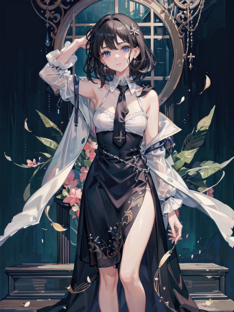 absurdres, RAW photo, extremely delicate and beautiful, masterpiece, Best Quality, ultra high resolution, 32k, hyperrealistic, ultra-detailed, delicate facial features, beautiful detailed woman, tearful mole, earring, medium breasts, full body shot, medium hair, black hair, hogwarts teacher,  curious, necktie, cloak,