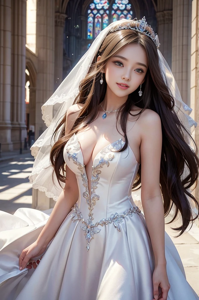 best quality, masterpiece, 1 girl, long hair, huge laugh, cute , beautiful eyes, shiny lips, sweet, sun glare, Conservative attire, wedding dress, bridal tiara, depth of field, blurred background, Cathedral Background, light particles, strong wind, head tilt