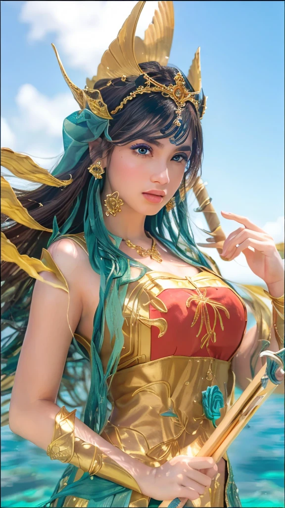 a close up of a woman in a costume holding a spear, queen of the sea, 1girl, detailed eyes, detailed lips, long eyelashes, beautiful face, ethereal, elegant, majestic, regal, dramatic lighting, underwater scene, shimmering sea, coral reef, schools of fish, kelp forest, photorealistic, highly detailed, cinematic, epic, fantasy, masterpiece