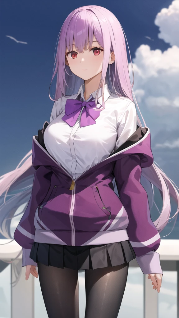 masterpiece, best quality, highres, aaakane, long hair, red eyes, purple bowtie, collared shirt, white shirt, off shoulder, purple jacket, partially unzipped, long sleeves, sleeves past wrists, pleated skirt, black skirt, pantyhose, cowboy shot, standing, sky,