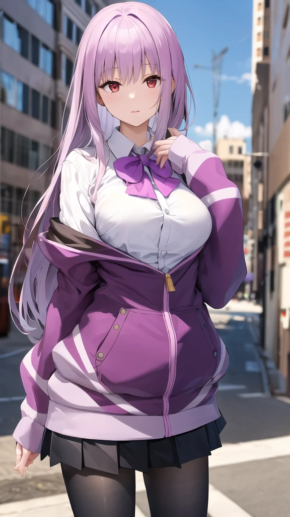 masterpiece, best quality, highres, aaakane, long hair, red eyes, purple bowtie, collared shirt, white shirt, off shoulder, purple jacket, partially unzipped, long sleeves, sleeves past wrists, pleated skirt, black skirt, pantyhose, cowboy shot, standing, sky,