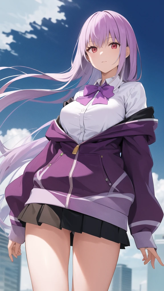 masterpiece, best quality, highres, aaakane, long hair, red eyes, purple bowtie, collared shirt, white shirt, off shoulder, purple jacket, partially unzipped, long sleeves, sleeves past wrists, pleated skirt, black skirt, pantyhose, cowboy shot, standing, sky,