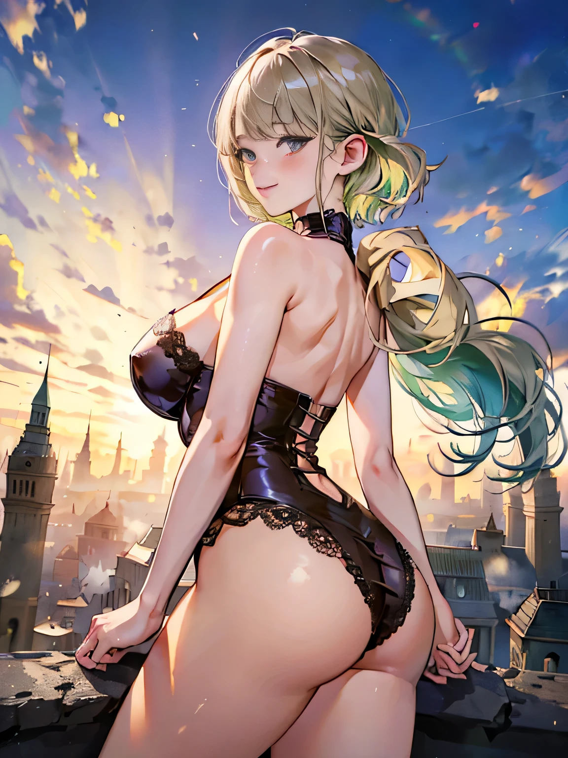 ((((masterpiece, Highest quality, High resolution)))),Ultra HD 8k 1 girl, Very detailed and beautiful face。Green Hair,Purple eyes, Short Wavy Hair, Bobcut, (Very large breasts: 1.2), (Very big ass)blush, A light smile, shine, Thighs, Bare shoulders, clavicle, Tight waist, Cleavage, (Beautifully detailed face, Beautiful detailed eyes with large pupils,Drooping eyes), long slender Thighs, Perfect Eyes, Looking at the audience, Captivating looks, Seductive pose, The crotch of her panties is visible,wTranslucent,Beige and black lace lingerie,View from behind