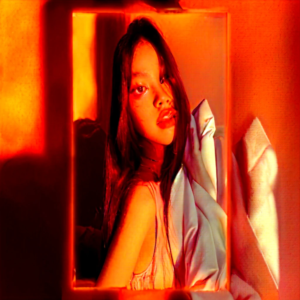 there is a woman that is looking in a mirror, blackpink jennie, portrait jisoo blackpink, jisoo of blackpink, warm glow from the lights, portrait of jossi of blackpink, profile pic, glowing red, soft devil queen madison beer, krystal, jisoo from blackpink, red and orange glow, roseanne park of blackpink, red mood in background, in front of an orange background