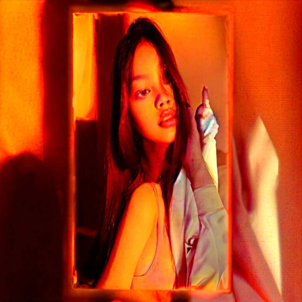 there is a woman that is looking in a mirror, blackpink jennie, portrait jisoo blackpink, jisoo of blackpink, warm glow from the lights, portrait of jossi of blackpink, profile pic, glowing red, soft devil queen madison beer, krystal, jisoo from blackpink, red and orange glow, roseanne park of blackpink, red mood in background, in front of an orange background
