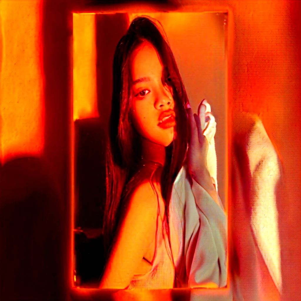 there is a woman that is looking in a mirror, blackpink jennie, portrait jisoo blackpink, jisoo of blackpink, warm glow from the lights, portrait of jossi of blackpink, profile pic, glowing red, soft devil queen madison beer, krystal, jisoo from blackpink, red and orange glow, roseanne park of blackpink, red mood in background, in front of an orange background