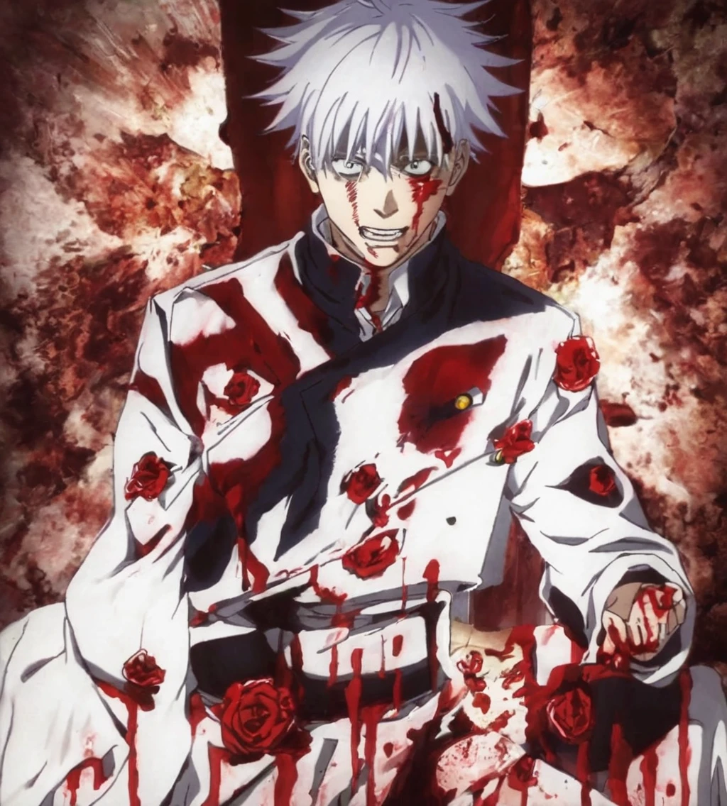 gojo satoru, injury, blood on face, gakuran, magic,