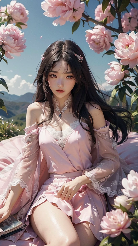 best quality,masterpiece,Ultra-high resolution,(photoactual:1.4),,Sky full of peonies（background）,20-year-old peony fairy（oriental woman）,Pink shawl long hair,cute eyes,Sexy body,Wearing a peony lace skirt,A half-reclining person reads a book and drinks among the peonies.