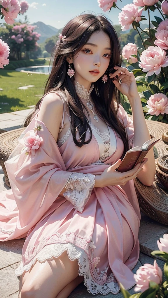 best quality,masterpiece,Ultra-high resolution,(photoactual:1.4),,Sky full of peonies（background）,20-year-old peony fairy（oriental woman）,Pink shawl long hair,cute eyes,Sexy body,Wearing a peony lace skirt,A half-reclining person reads a book and drinks among the peonies.