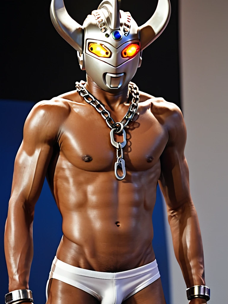 Distant view, auction hall, photo realistic, 35mm films, ultrares, 4k, gay, bara, NSFW, 2man,Ultraman Taro, a slave up for auction, alien, science fiction, futuristic design, Ultraman Taro walks with his head down on a large spotlit stage,sad look, skinny body but has little muscle,naked only wearing a helmet, body is pale skin, handcuffs,body the same skin color as humans, naked only in a bulging pair of white underwear, hairy and skinny 20 year-old body, old scars all over his body, damaged helmet, sadly hanging his head, thick iron collar around his neck, thick chains connected to the collar stretching long behind his back, a large lizard-like alien leading him by the hand, many furry aliens in the audience