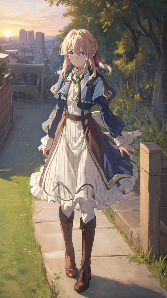 1girl, sunset, brooch, violet_evergarden, solo, jewelry, blonde_hair, long_sleeves, ribbon, blue_eyes, jacket, dress, gem, hair_ribbon, sky, outdoors, brown boots, heels,