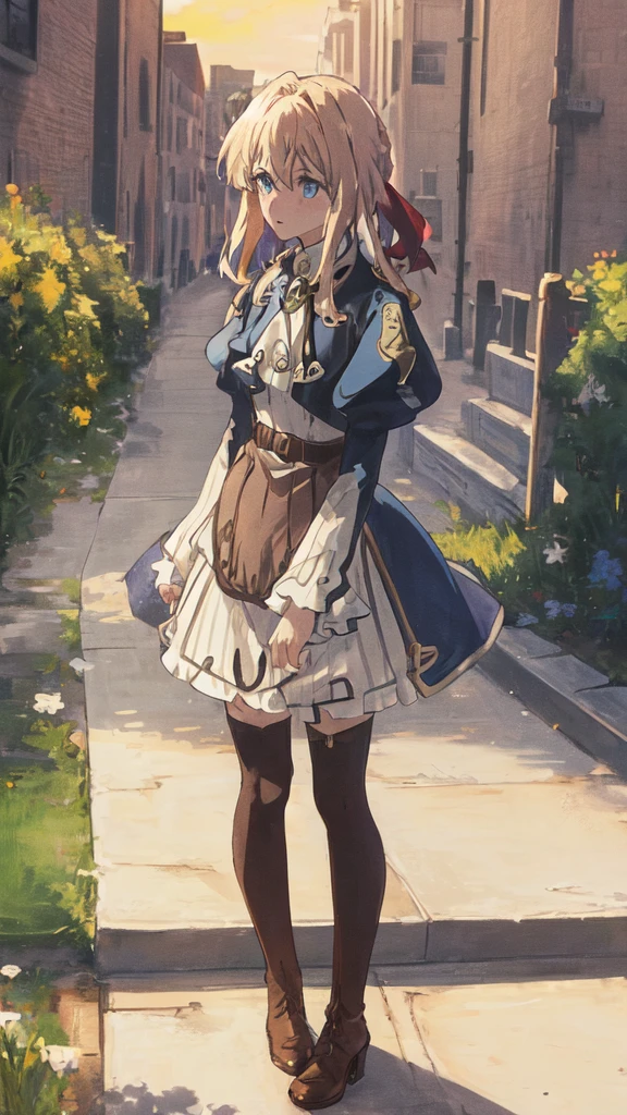 1girl, sunset, brooch, violet_evergarden, solo, jewelry, blonde_hair, long_sleeves, ribbon, blue_eyes, jacket, dress, gem, hair_ribbon, sky, outdoors, brown boots, heels,