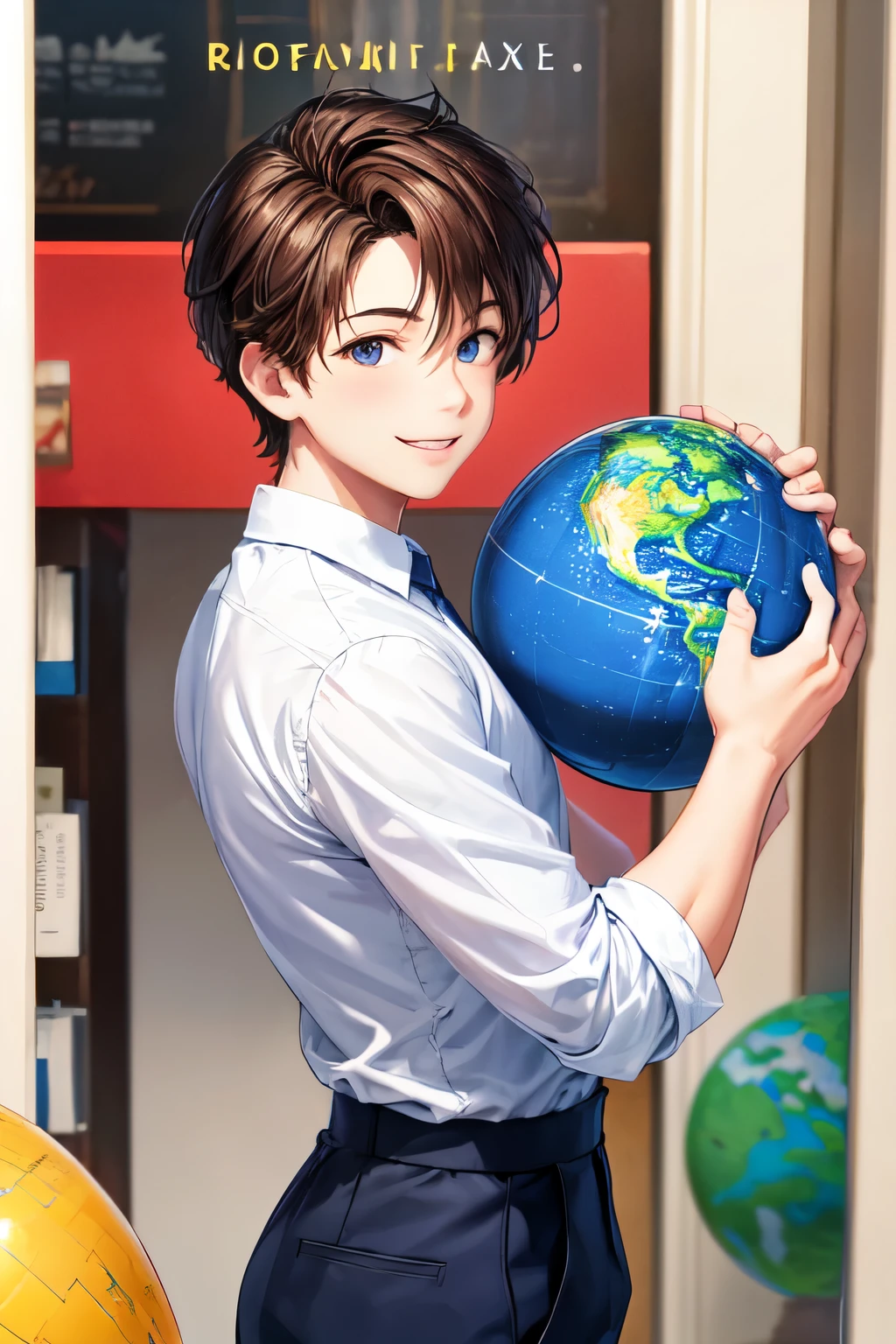 Create a charming and visually appealing book cover featuring a cute, young male character with a friendly and inviting smile. He stands confidently, holding a large, vibrant globe in his hands.