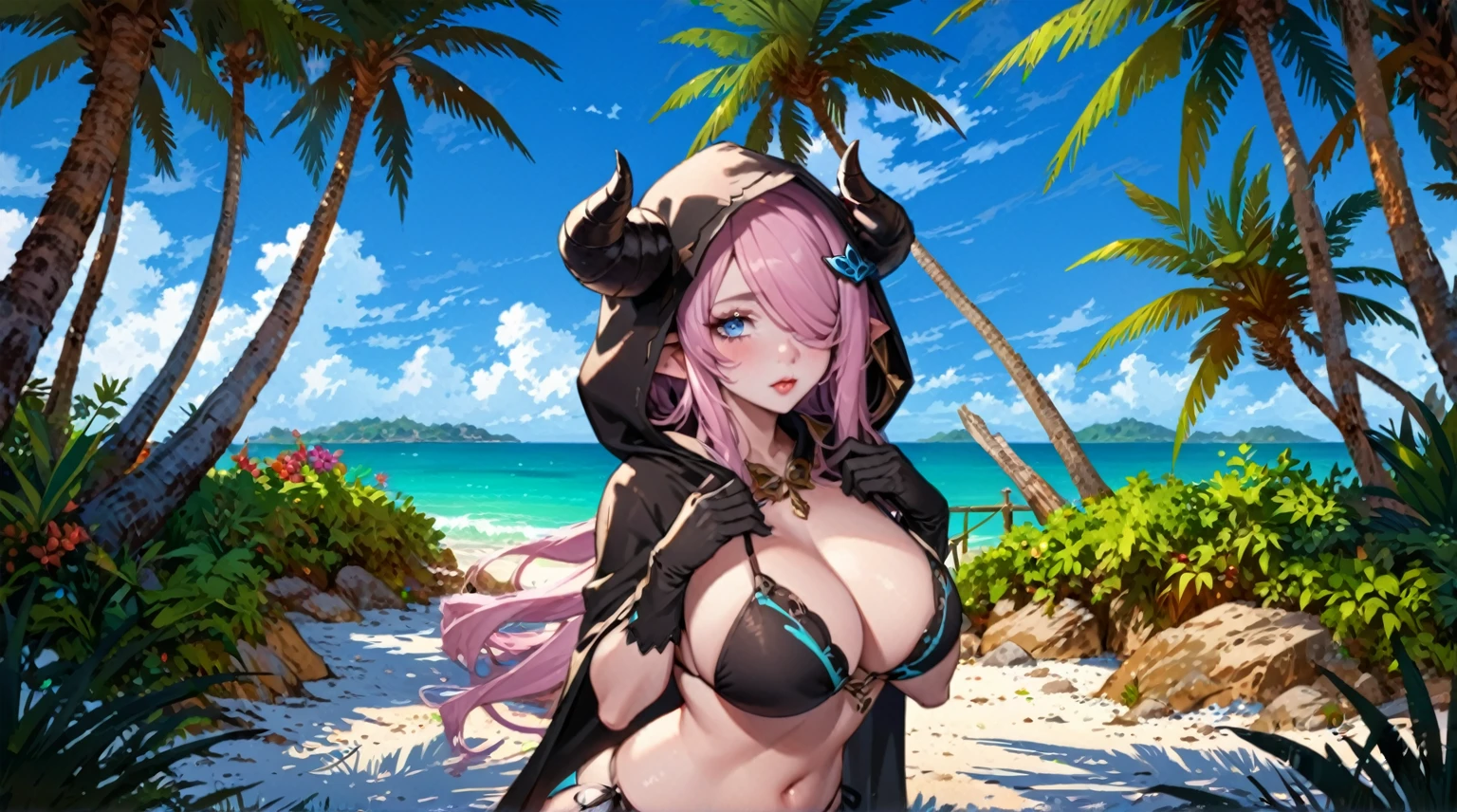 Vibrant, high-definition anime-style illustration set on a tropical beach. The layout features a central female character, Narmaya, with long pink hair, partially covered by a hooded cloak adorned with brown horns. She has fair skin, large expressive blue eyes and pink pupils, and a small blue butterfly hair clip. One eye is covered by her hair. The character is wearing a revealing black bikini with gold accents, and her hands are holding the edges of her cloak. The background showcases a pristine beach with white sand, lush green foliage, and tall palm trees. The clear blue sky and turquoise ocean complete the idyllic setting, with distant islands visible on the horizon. Narmaya and her attire are meticulously detailed. The intense effort put into shading brings this image to a realistic style. Gorgeous vibrant colors draw the eye. Narmaya's suggestive stance brings the viewers focus to her large and perfectly shaped breasts.

(masterpiece), best quality, expressive eyes, perfect face, suggestive pose, purple and pink background, seductive, fantasy, 8k, absurdres, narmaya, pink hair, blue eye with pink pupil, hair over eye, draph, horns, butterfly hair clip, black bikini, hood, defined hands, perfect hands, perfect fingers,