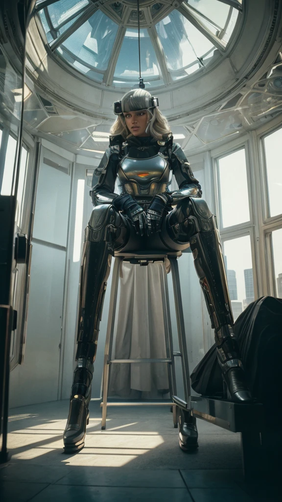 ((best quality)), ((masterpiece)), ((realistic)), Colour film 35mm 1976, pulp sci fi, directed by fred m wilcox, shot on mitchell bnc camera blonde woman in makeup, on a chair with glass dome over her head, analogue photograph, by stanley kubrick, wide shot, solo, daylight, on eye level, scenic, masterpiece :0.5 AND Hyperrealistic cyberpunk robot. highly detailed digital art masterpiece, smooth cam de soft light, ground angle hd 8 k, sharp focus :0.5
