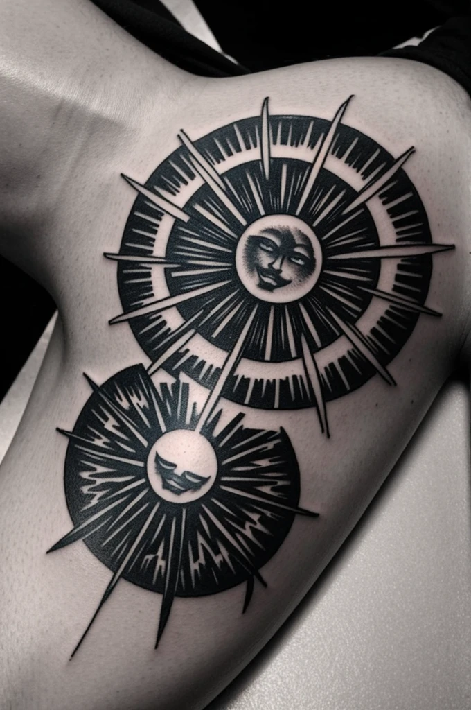 Black and white tattoo design of a sun with fire rays