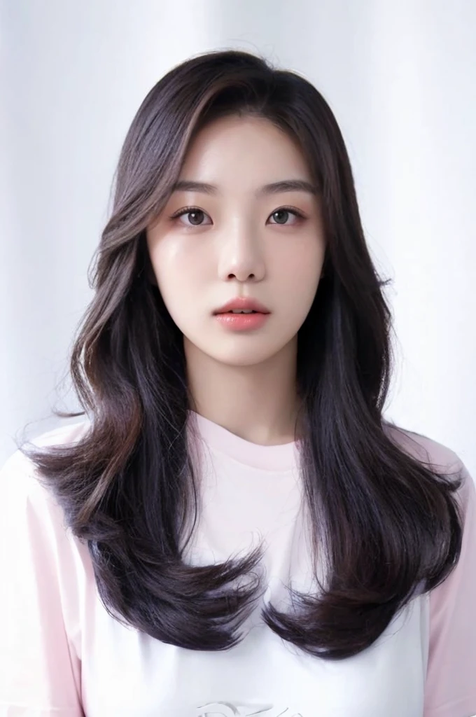 Best Quality, 8k, Masterpiece, (Portrait: 1.3), (photo realistic:1.4), (hyper realistic:1.4), Sharp Focus, looking at viewer, (smoother lighting:1.1), (increase cinematic lighting quality:0.9), realistic lighting, backlighting, light on face, ray trace, (brightening light:1.2), (Increase quality:1.4), sharp detail, (best quality real texture skin:1.4), finely detailed eyes, black_eyes, finely detailed face, 25 year old Korean woman, (pink T_shirt:1.4), (Create an image maintaining the original base model hairstyle:1.5)