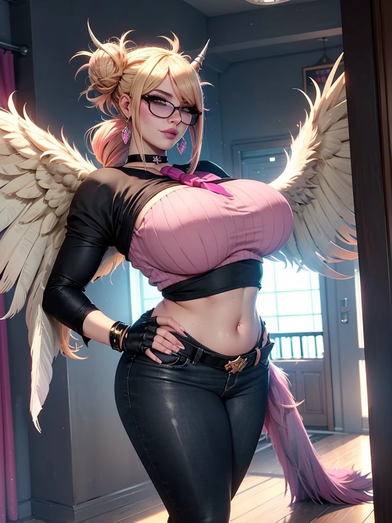 realisticlying,22yo girl,Blonde short、big body, sexy lingerie lace black ,perfect eyes, hair bunches、very very long hair, ultradetailed hair, body nylon sexy, Breasts enlarged、 big body, blonde, woman 1.90 CM,ponytail, ((hair over eyes)),perfect mouth, massive big bounce oppai, WET SKIN, (masterpiece, best quality:1.2), 1girl, solo, city background, haze \(fortnite\), Harpy Haze From fortnite, 1girl, earrings, glasses, hat, jewelry, lips, long hair, looking at viewer, makeup, nail polish, pink eyes, pink hair, pink nails, smile, sunglasses, tinted eyewear, belt, black pants, crop top, eyeshadow, midriff, navel, pants, choker, fingernails, round eyewear, sharp fingernails, standing, black feathers, black headwear, hoop earrings, horned headwear, horns, denim, winged arms, feather trim, star \(symbol\), elbow gloves, dark pink lips, feathers, heels, shoes, angel wings, bangle, black wings, crop top overhang, feathered wings, harpy, low wings, multicolored hair, multicolored wings, pink wings, wings, fingerless gloves, shirt, long fingernails, boater hat, bootcut pants, leather pants, sleeves, black sleeves,massive big bounce oppai,massive big bounce oppai,massive big bounce oppai,big bounce oppai,big bounce oppai,hat devil,