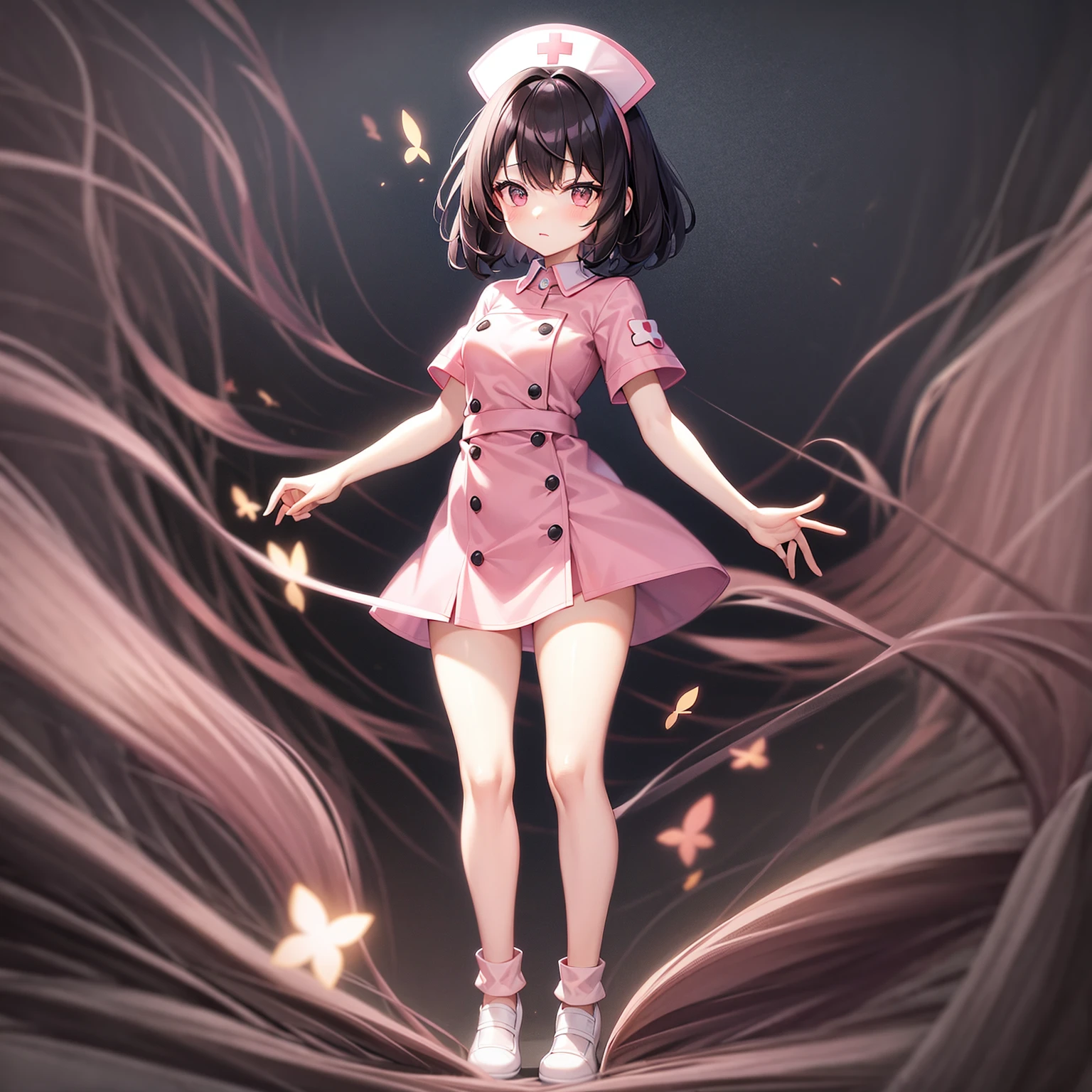 ((nurse)),((Pale pink clothes)),mini skirt,Cute little ,Tiny ,Small girl,,Childish face, Very fine clean face,Top quality,Black Hair,(Dark Room), Subtle light, Natural light,Soft lighting,Light from directly behind, (Are standing),With bust up,Front view,Black background