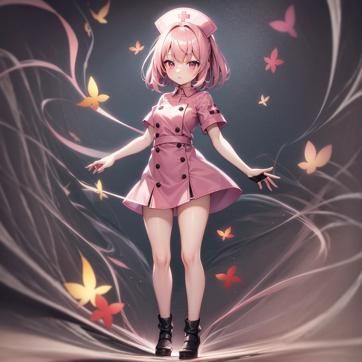 ((nurse)),((Pale pink clothes)),mini skirt,Cute little ,Tiny ,Small girl,,Childish face, Very fine clean face,Top quality,Black Hair,(Dark Room), Subtle light, Natural light,Soft lighting,Light from directly behind, (Are standing),With bust up,Front view,Black background