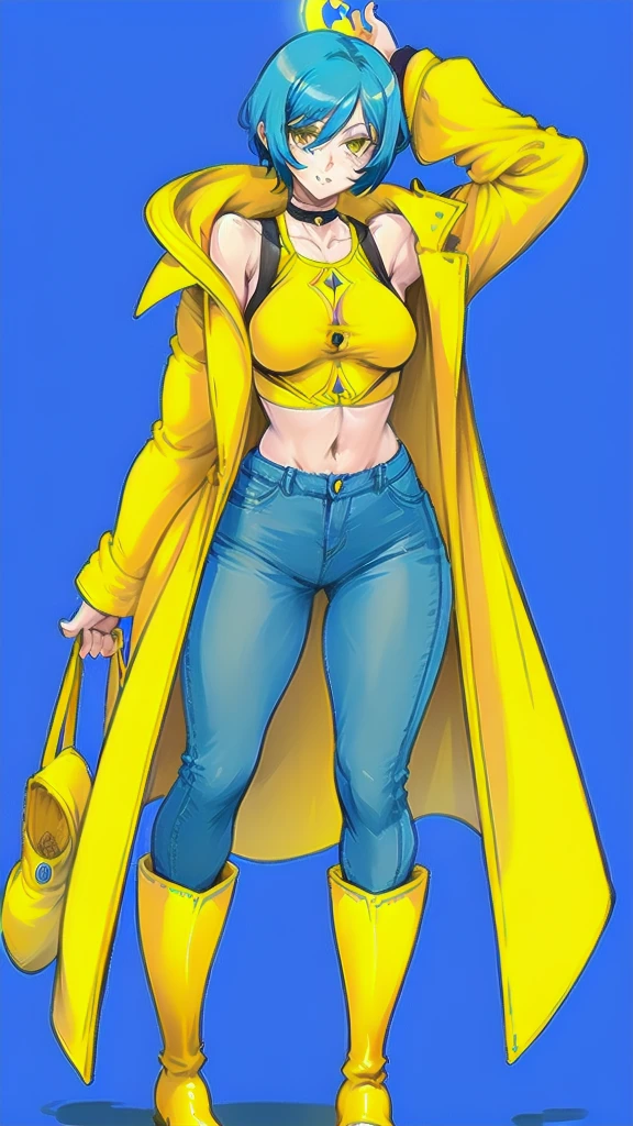 Full body image of Coraline from Coraline, full body in image, wearing her original outfit (yellow raincoat, blue jeans, and yellow rain boots), short blue hair, female body, slender and youthful body, dynamic pose, detailed pose, simple background, expressive face showing curiosity, focus on face, line art, sketch