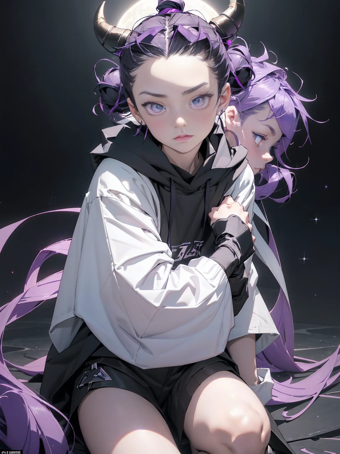 boy. thoughtful look. open forehead. black and purple hair tied in a bun on the left side to one side. winding black horns wrapped in white ribbon. white violet eyes. in short dark purple shorts. long white T-shirt. dark purple knee-high socks. dark purple long cloak inside white with hood. background - moonlight and stars Solar system, Flying pages