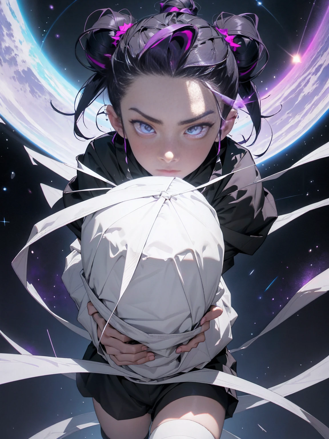 boy. thoughtful look. open forehead. black and purple hair tied in a bun on the left side to one side. winding black horns wrapped in white ribbon. white violet eyes. in short dark purple shorts. long white T-shirt. dark purple knee-high socks. dark purple long cloak inside white with hood. background - moonlight and stars Solar system, Flying pages