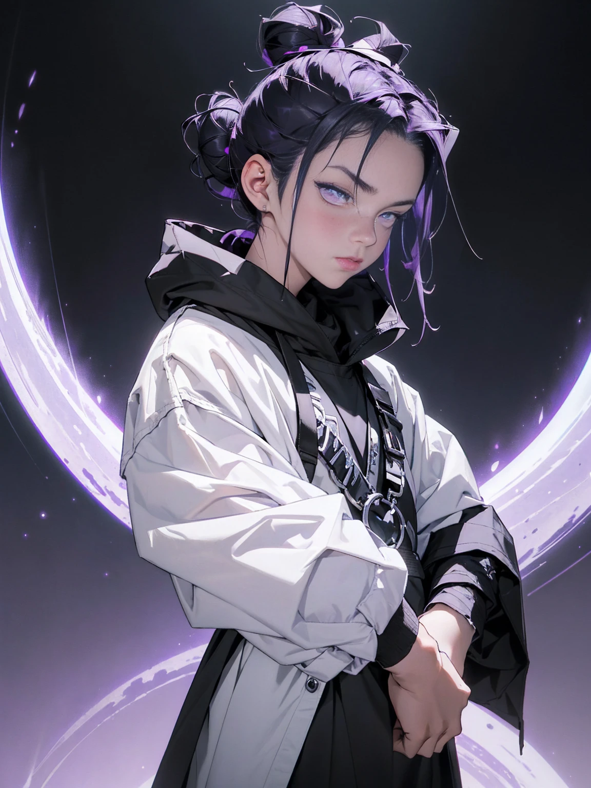 boy. thoughtful look. open forehead. black and purple hair tied in a bun on the left side to one side. winding black horns wrapped in white ribbon. white violet eyes. in short dark purple shorts. long white T-shirt. dark purple knee-high socks. dark purple long cloak inside white with hood. background - moonlight and stars Solar system, Flying pages