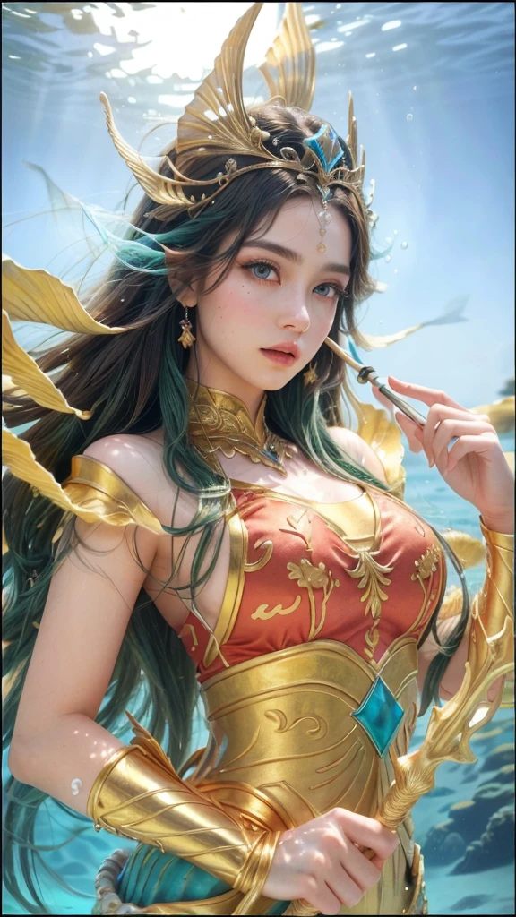 a close up of a woman in a costume holding a spear, queen of the sea, 1girl, detailed eyes, detailed lips, long eyelashes, beautiful face, ethereal, elegant, majestic, regal, dramatic lighting, underwater scene, shimmering sea, coral reef, schools of fish, kelp forest, photorealistic, highly detailed, cinematic, epic, fantasy, masterpiece