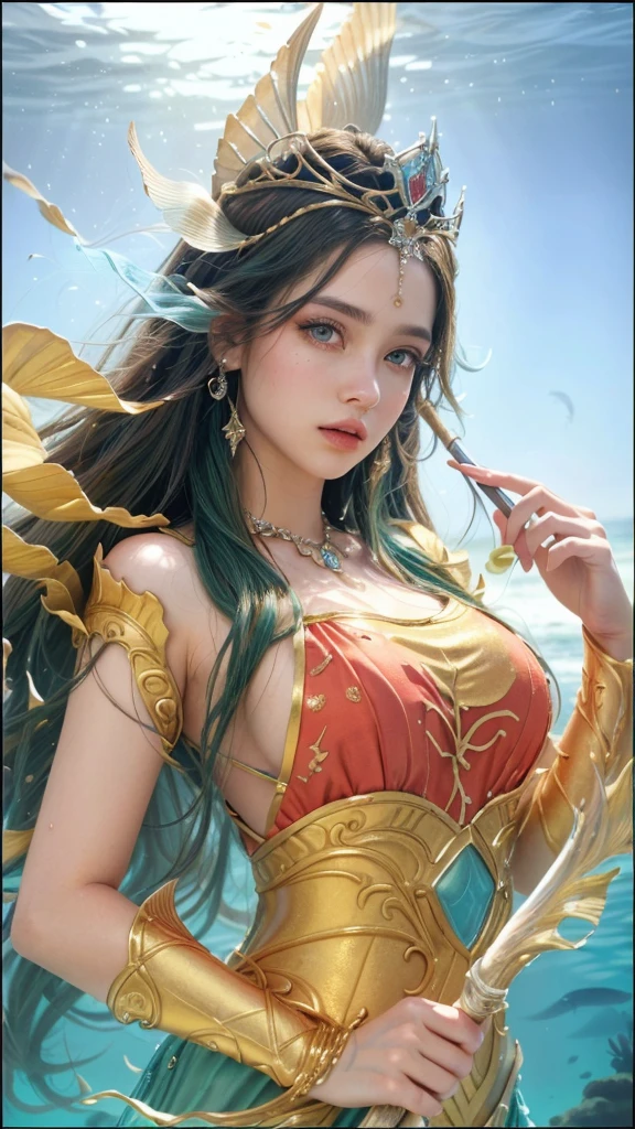 a close up of a woman in a costume holding a spear, queen of the sea, 1girl, detailed eyes, detailed lips, long eyelashes, beautiful face, ethereal, elegant, majestic, regal, dramatic lighting, underwater scene, shimmering sea, coral reef, schools of fish, kelp forest, photorealistic, highly detailed, cinematic, epic, fantasy, masterpiece