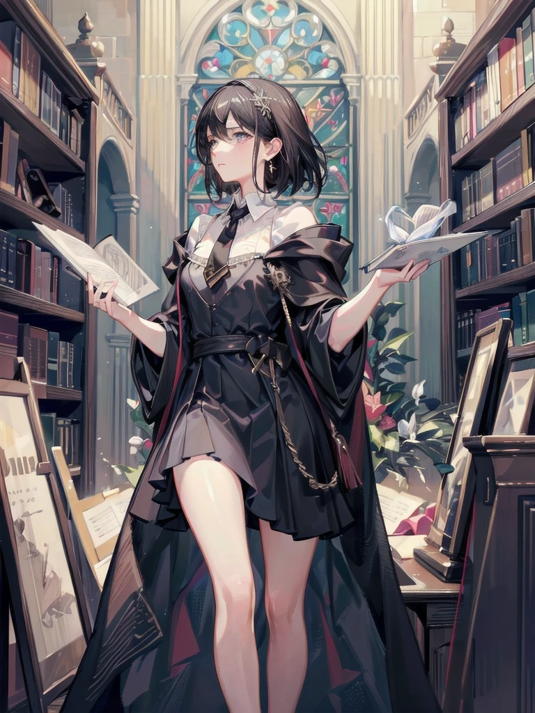 absurdres, RAW photo, extremely delicate and beautiful, masterpiece, Best Quality, ultra high resolution, 32k, hyperrealistic, ultra-detailed, delicate facial features, beautiful detailed woman, tearful mole, earring, medium breasts, full body shot, medium hair, black hair, hogwarts teacher, curious, necktie, cloak, background in library,