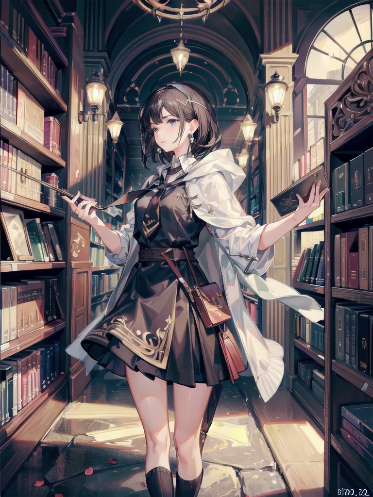 absurdres, RAW photo, extremely delicate and beautiful, masterpiece, Best Quality, ultra high resolution, 32k, hyperrealistic, ultra-detailed, delicate facial features, beautiful detailed woman, tearful mole, earring, medium breasts, full body shot, medium hair, black hair, hogwarts teacher, curious, necktie, cloak, background in library,