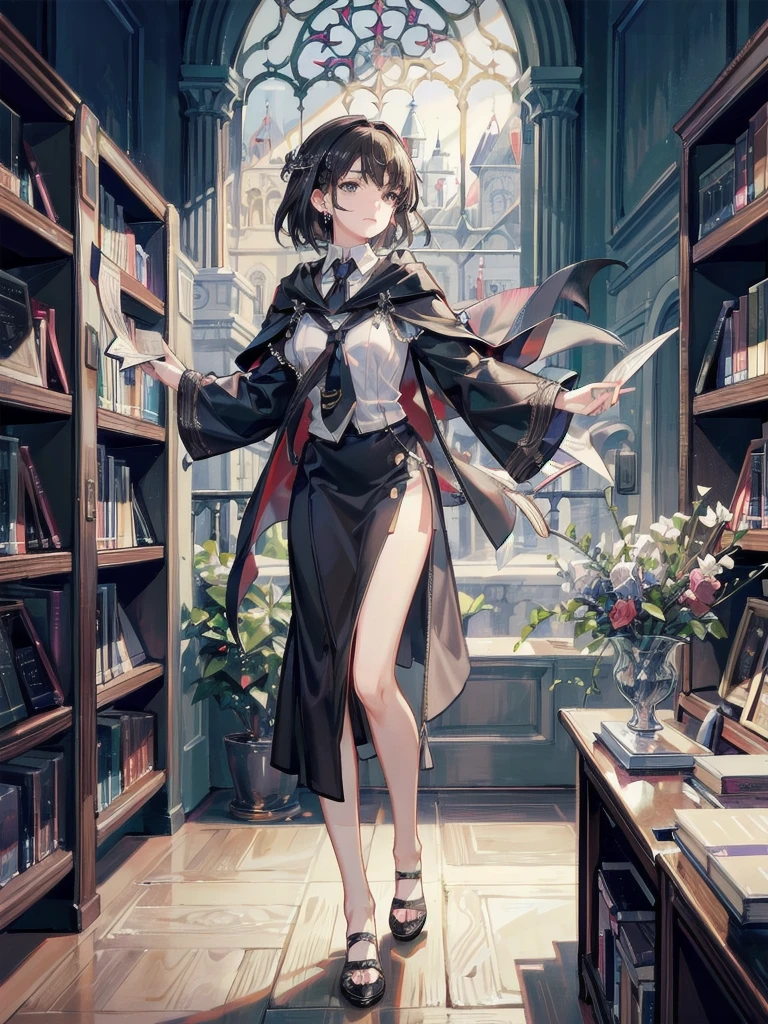 absurdres, RAW photo, extremely delicate and beautiful, masterpiece, Best Quality, ultra high resolution, 32k, hyperrealistic, ultra-detailed, delicate facial features, beautiful detailed woman, tearful mole, earring, medium breasts, full body shot, medium hair, black hair, hogwarts teacher,  curious, necktie, cloak, background in library,