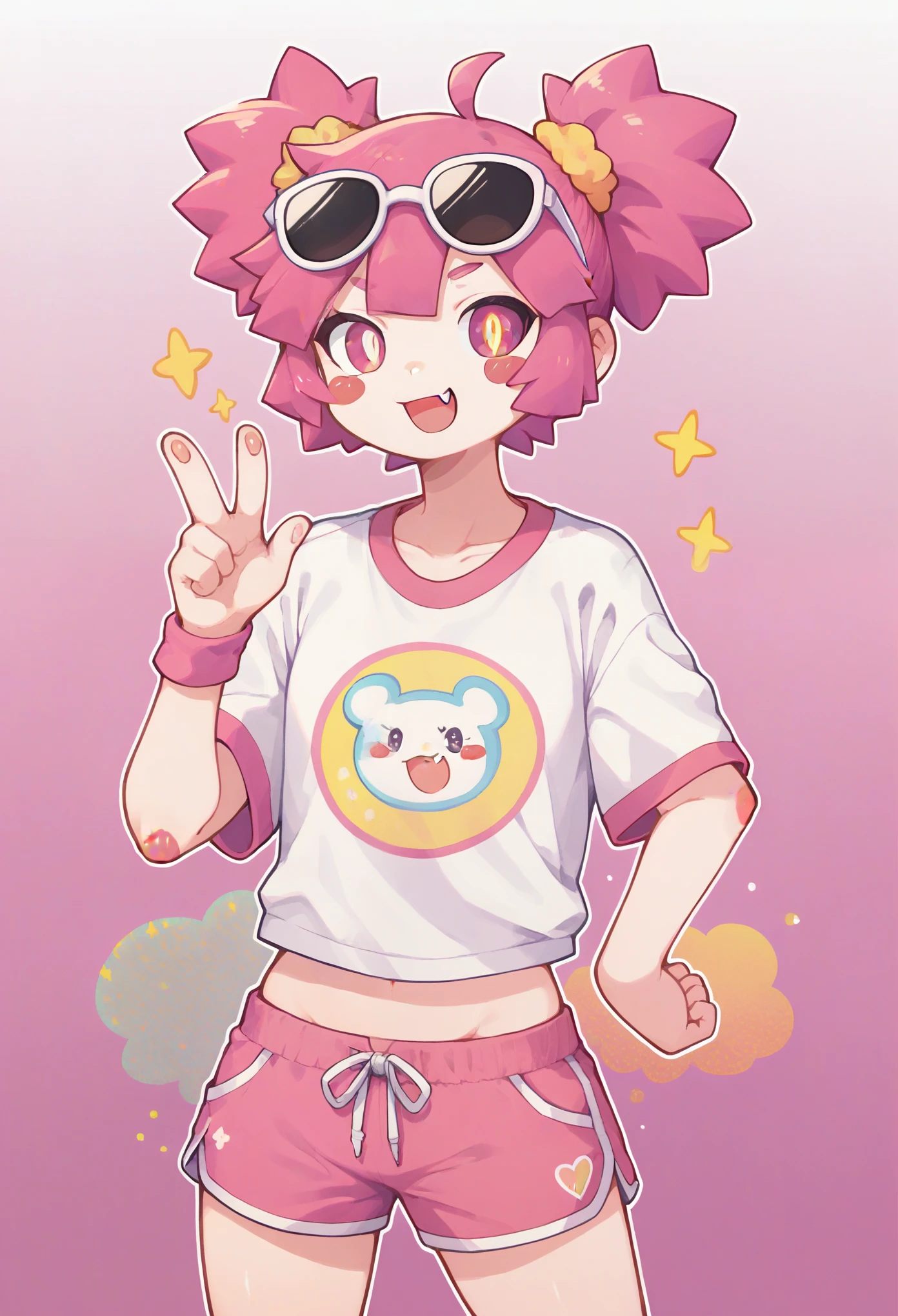 Score_9,score_8_up,score_7_up,solo,1girl,mesugaki,:3,bunches,curvy,looking at viewer,blush stickers,colored sclera,pink hair,fang out,sports sunglasses,loose clothes,shorts,sprinkles,happiny,cartoonized,graffiti,pink theme,gradient background,