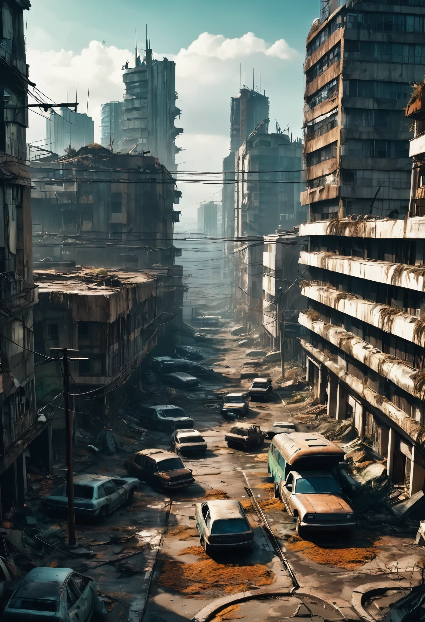 Image of the center of a modern ultra futuristic abandoned city with abandoned and rusty and dirty cars standing among the dirty modern round and circular buildings in ruins. Cyberpunk style, Science fiction, top view from a height of 30 meters, apocalipse nuclear, urban scenery with poles with traffic lights and wires of fallen poles, there is a rusty chain link fence around the buildings, There are billboards fallen from buildings