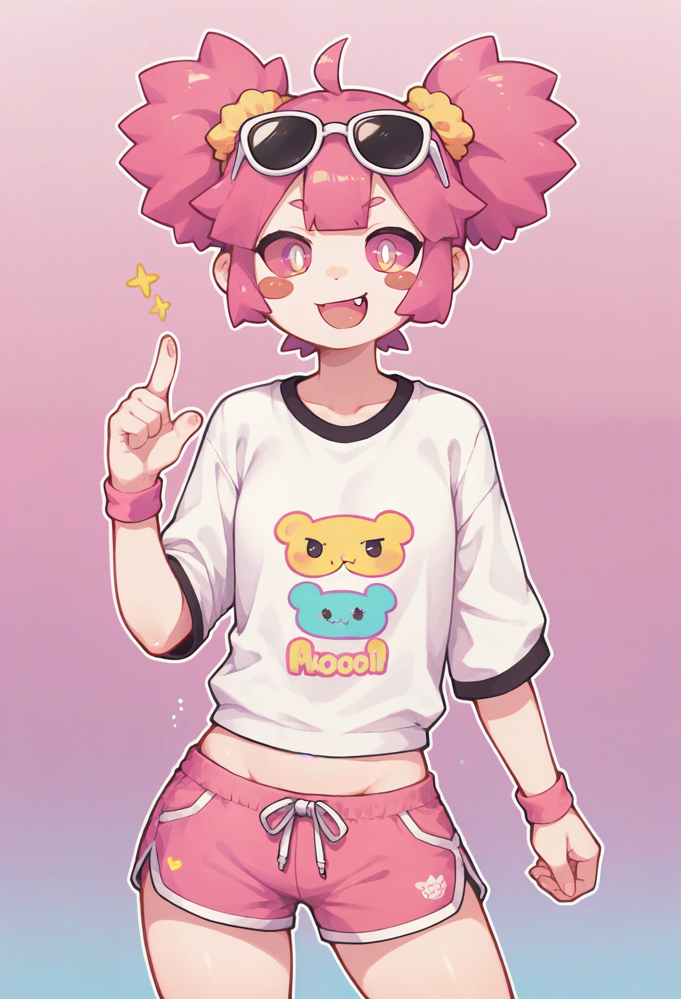 Score_9,score_8_up,score_7_up,solo,1girl,mesugaki,:3,bunches,curvy,looking at viewer,blush stickers,colored sclera,pink hair,fang out,sports sunglasses,loose clothes,shorts,sprinkles,happiny,cartoonized,graffiti,pink theme,gradient background,