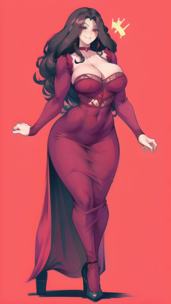 Full body image of Mother Gothel from Tangled, full body in image, wearing her original outfit (burgundy medieval dress with long sleeves), long curly black hair, female body, curvy and elegant body, dynamic pose, detailed pose, simple background, expressive face showing a cunning smile, focus on face, line art, sketch