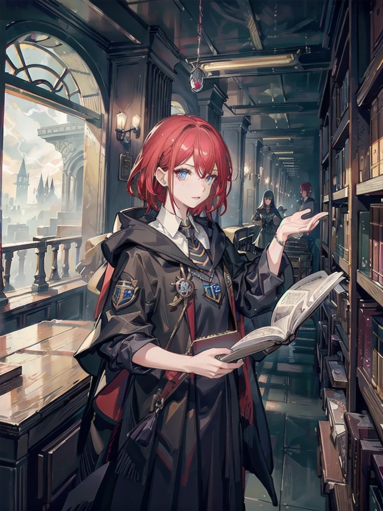 maximum details, cinematic, abstract art, dark theme, deep shadow,
1 girl, adult (elven:0.7) woman, freckles, ruby eyes, dark red quiff hair,
(style-swirlmagic:0.8), looking at viewer, solo, (full body:0.6), detailed background, detailed face, (fragrealitytech theme:1.1), hogwarts teacher, curious, (ravenclaw :1.1), necktie, cloak, casting spell, surrounded by lightning, library in background, sunlight,