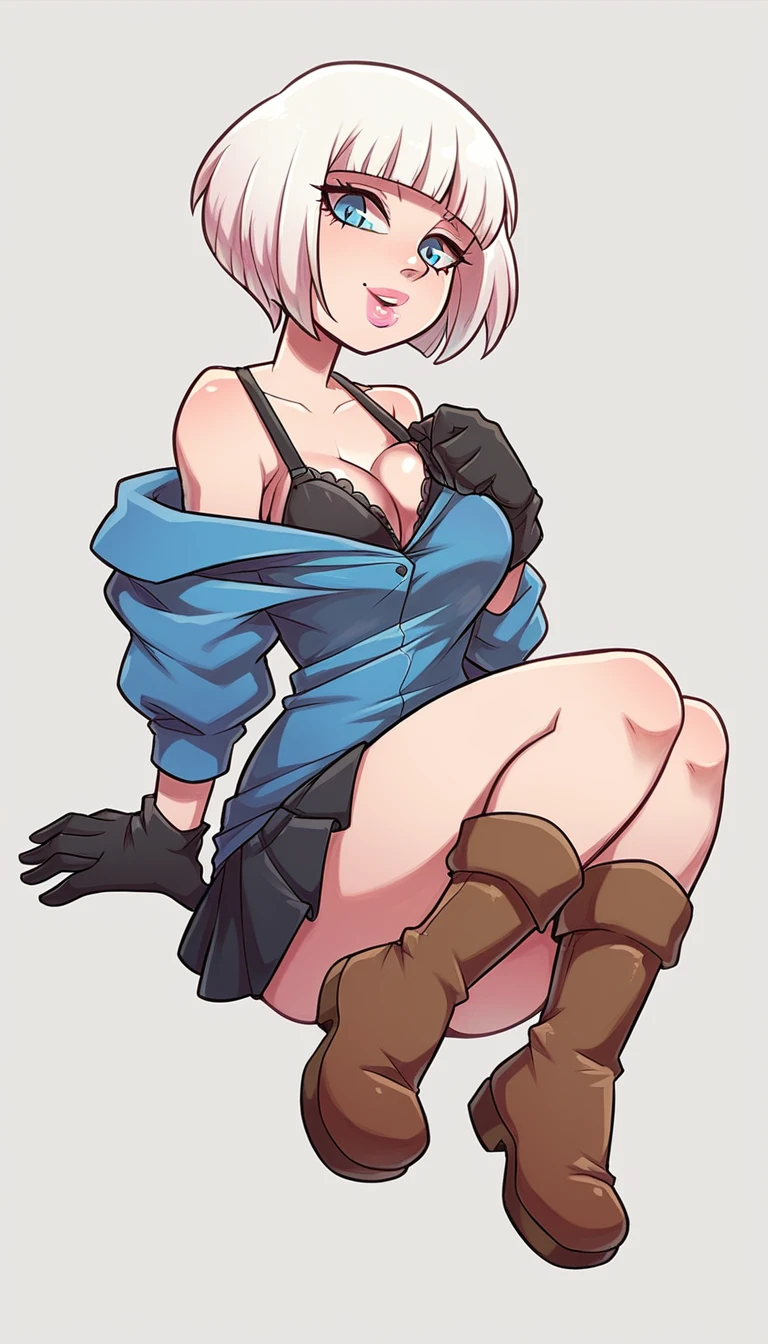 A girl with a sexy big breast, a beautiful sensual sensitivity, a short white hair, an albino cut, her blue eye, a pink lip, she dresses in a black bra, underneath a short blue sweatshirt and shiny black underwear, a pair of long black mesh socks, brown boots, black steel gloves.