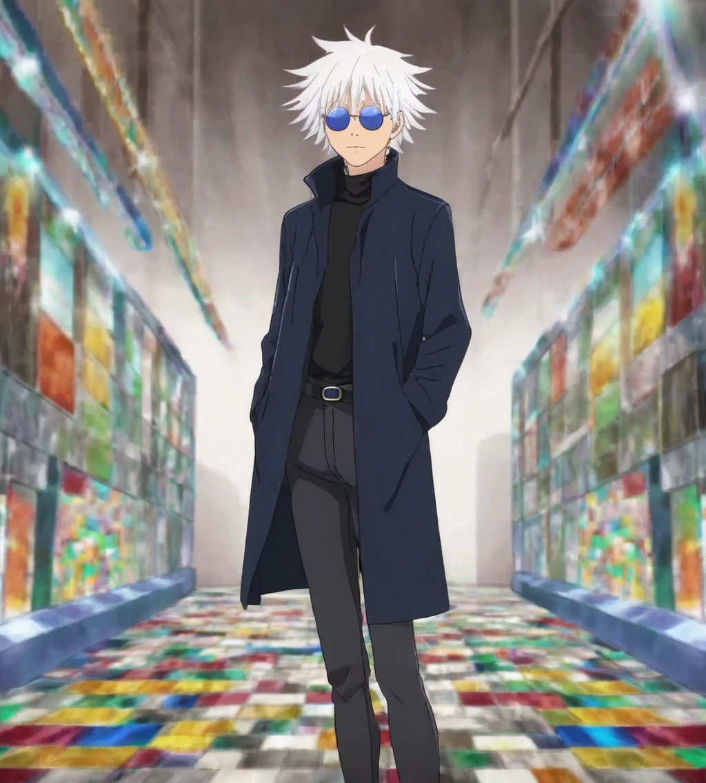 gojou satoru, 1boy, full body, white hair, blue eyes, looking at viewer, high collar, hair between eyes, black jacket,short hair, bangs, white hair, colorful crystal stone, hair between eyes, colored eyelashes, black jacket, jacket, high collar, round sunglasses,