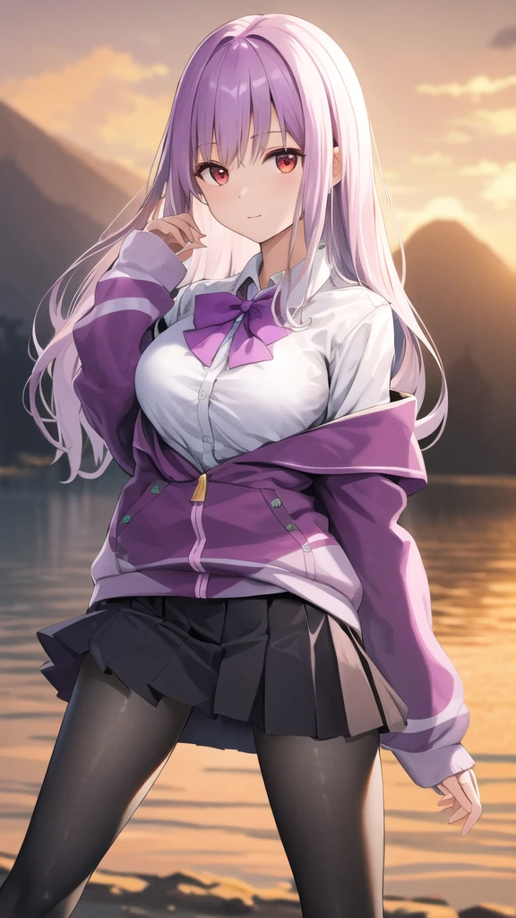 masterpiece, best quality, highres, aaakane, long hair, red eyes, purple bowtie, collared shirt, white shirt, off shoulder, purple jacket, partially unzipped, long sleeves, sleeves past wrists, pleated skirt, black skirt, pantyhose, cowboy shot, standing, sky,