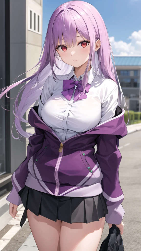 masterpiece, best quality, highres, aaakane, long hair, red eyes, purple bowtie, collared shirt, white shirt, off shoulder, purple jacket, partially unzipped, long sleeves, sleeves past wrists, pleated skirt, black skirt, pantyhose, cowboy shot, standing, sky,