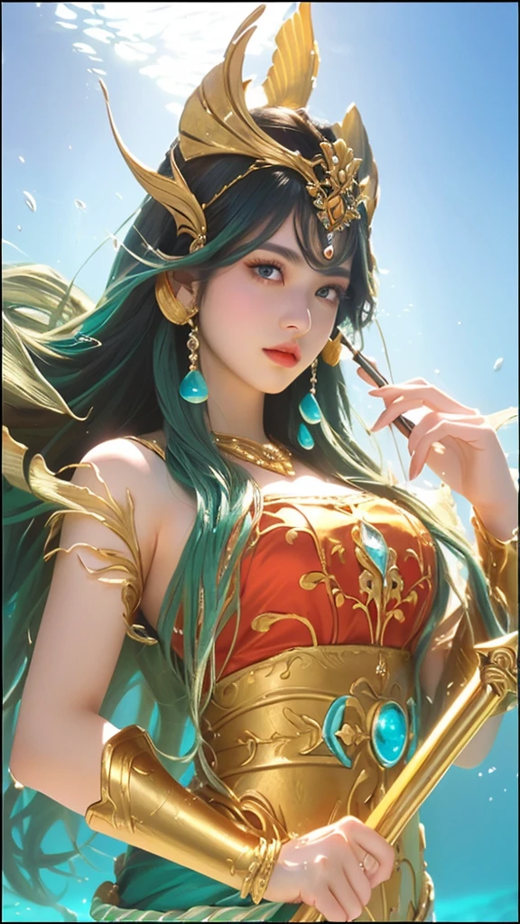 a close up of a woman in a costume holding a spear, queen of the sea, 1girl, detailed eyes, detailed lips, long eyelashes, beautiful face, ethereal, elegant, majestic, regal, dramatic lighting, underwater scene, shimmering sea, coral reef, schools of fish, kelp forest, photorealistic, highly detailed, cinematic, epic, fantasy, masterpiece