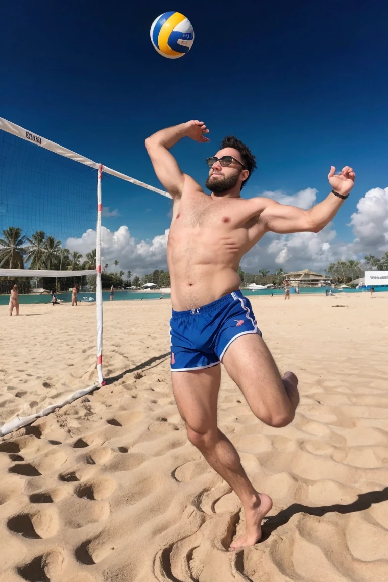 １male, alone, (yossan), (Beach Volleyball), Ultra-high resolution,beard, Glasses, ((Are fat)), Blue sky, sun, White sand beach, blue sea, Palm tree, The moment a player jumps to spike the ball, The moment he dives to receive the ball, Sand flies, sunの光が反射する, Energetic, Dynamic Movement, Action Shots