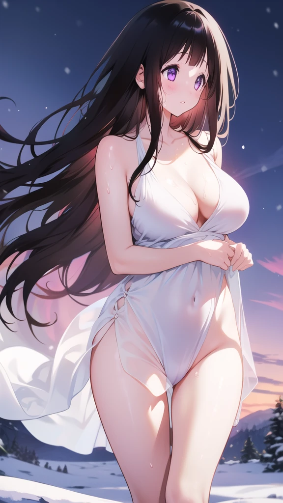 Chitanda，只有一个beautiful girl，Purple Eyes, Black Hair, Natural straight hair, Straight bangs，Extremely refined，open your lips，Face is so red，Very white skin，Skin as delicate as porcelain，Glowing skin，big eyes，Flowing long hair，beautiful girl, Like a dream，Slim，Slim waist，Soft, (Sensual), (Kawaii), Dream quality，Sweaty and sweaty，Wet skin，Side breasts，snowflake，Playing in the snow on the snow mountain，White transparent dress，Profile，（Completely naked），Gluteal groove，The outline of the breasts is visible through clothing，Completely naked的背部，nacked hip，very close，Deep V neckline，Loose neckline，Beautiful big breasts，No pants，nopan，no pants，Bare shoulders，There are no shoulder straps，Exposed collarbone，Delicate clavicle，Delicate hands and feet，Bare neck，There are no clothes around the neck，Bare thighs，Exposed groin，Camel toe，extremely shy，Ultra-high resolution, (masterpiece:1.2, best quality), (Delicate and beautiful eyes: 1.2), (Beautiful and delicate face)