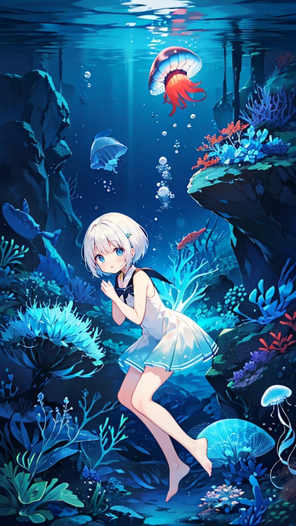 masterpiece, best quality, absurd, 1 Girl, :), Under the Deep Sea, (White marble Greek temple under water), Girl floating in water, White_hair, dark_skin, fish, Tyndall Light, seabed, seabed, Underwater, submerged water, Deep diving