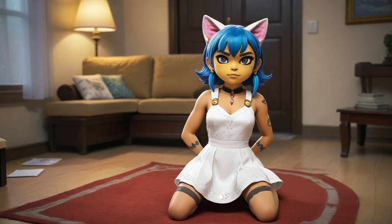 Eye, Animal Crossing Muscle, hairy, Blue Hair, Hair accessories, Yellow skin, 黑Eye, White Dress, Tail, Looking at the audience, Serious, Cross your legs, from_below, His sofa, Inside the living room, Hieroglyphics, high quality, masterpiece, 1 Girl，Cat ears，Dark skin tone，clothing，earrings，Jackal ears，Jewelry，Long hair, White Dress, Sit at your desk, She wrote a heartfelt letter, Her expression is both nostalgic and wistful, Dramatic Lighting, Detailed background, masterpiece, best quality, high quality, absurd, The award-winning, professional, Very detailed