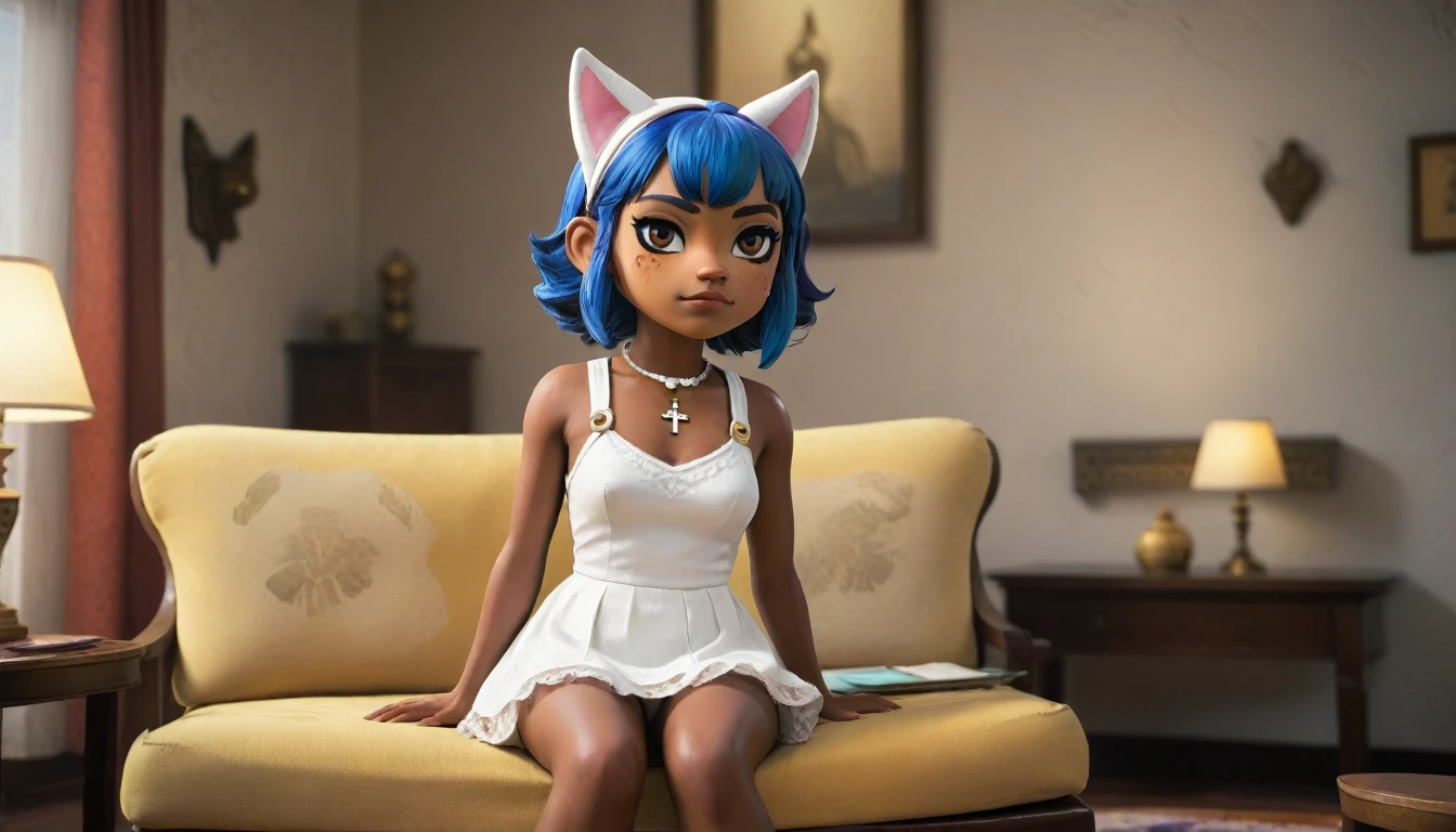 Eye, Animal Crossing Muscle, hairy, Blue Hair, Hair accessories, Yellow skin, 黑Eye, White Dress, Tail, Looking at the audience, Serious, Cross your legs, from_below, His sofa, Inside the living room, Hieroglyphics, high quality, masterpiece, 1 Girl，Cat ears，Dark skin tone，clothing，earrings，Jackal ears，Jewelry，Long hair, White Dress, Sit at your desk, She wrote a heartfelt letter, Her expression is both nostalgic and wistful, Dramatic Lighting, Detailed background, masterpiece, best quality, high quality, absurd, The award-winning, professional, Very detailed